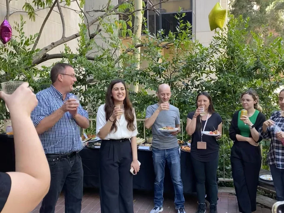 A group of people hold champagne glasses in the air ready to cheers. They are celebrating Amara on a successful defense.